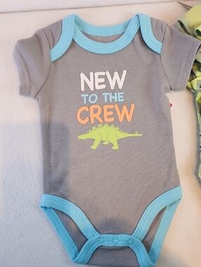 Kidgets 3 Pack Gray, Orange and Blue "New to the Crew" Dino One-Piece Set